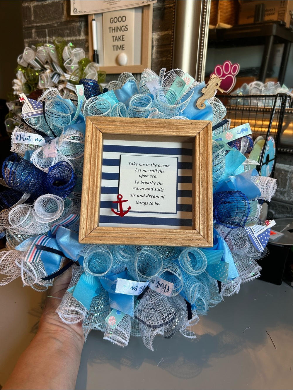 Hand Crafted Blue & White Nautical Deco Wreath